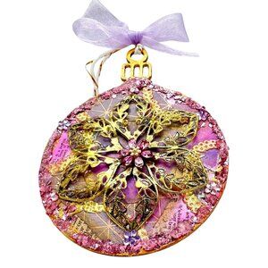 Handcrafted Ornament OOAK Vintage-Inspired Collage Gold Flower & Purple Accents